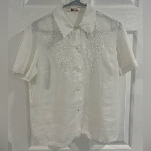 Vintage Hand Embroidered 100% Linen Button Down Short Sleeve Shirt Ivory White - Picture 9 of 11